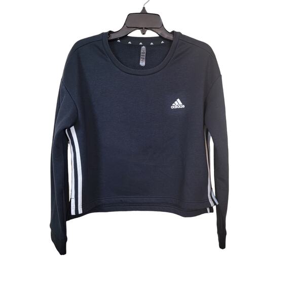 Adidas Sweatshirt Top Women's Large Black Three Stripes Long Sleeve Cropped - Picture 1 of 5